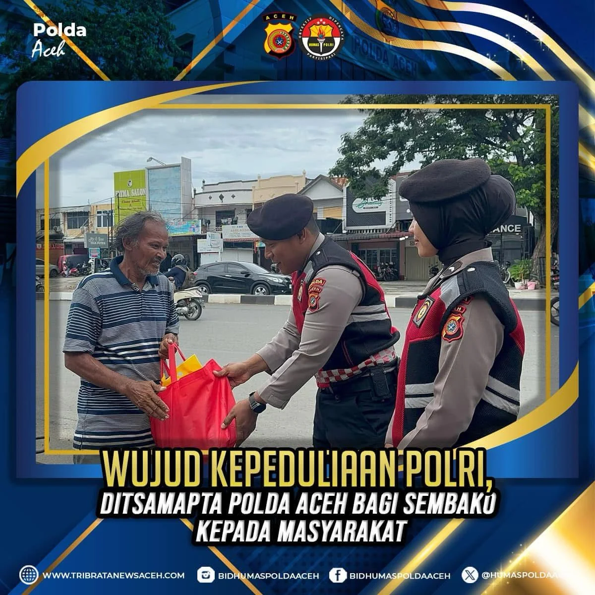 Wujud kepedulian Polri kepada masyarakat, Ditsamapta Polda Aceh menggelar kegiatan sosial membagikan sembako kepada masyarakat pada bulan suci Ramadhan 1446 H.
