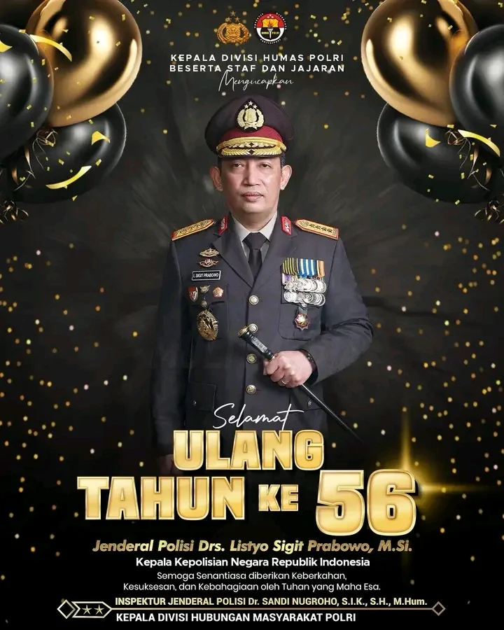 Kami Dari Keluarga Besar media cetak Dan onlane Nasional.info86news,com mengucapkan Selamat Ulang Tahun kepala kepolisian Republik Indonesia,ke 56 Th.