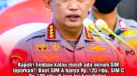Kapolri Jenderal Listyo Sigit Prabowo mengimbau masyarakat untuk tidak ragu melapor jika menemukan adanya pungutan liar dalam proses pembuatan Surat Izin Mengemudi (SIM). Kapolri Jenderal Listyo Sigit Prabowo mengimbau masyarakat untuk tidak ragu melapor jika menemukan adanya pungutan liar dalam proses pembuatan Surat Izin Mengemudi (SIM).