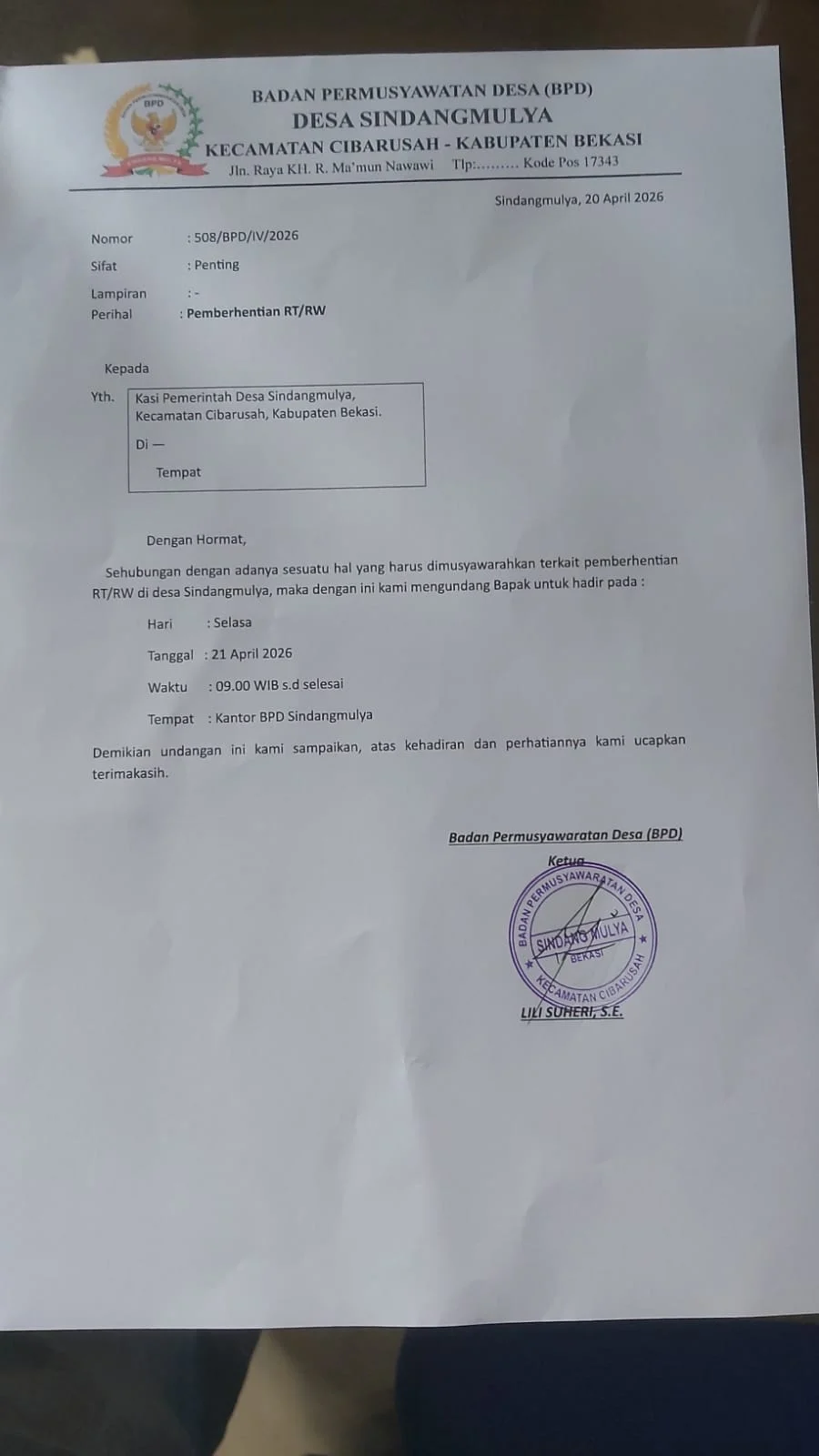 Pemecatan ketua RT oleh kades sindangmulya melampaui kewenangan dan ciderai Demokrasi Desa.
