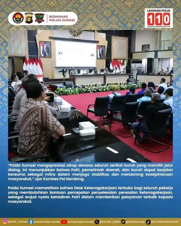 momentum peringatan May Day 2026, Kapolda Sumsel Irjen Pol Sandi Nugroho menghadiri Sarasehan aspirasi buruh di Auditorium Graha Bina Praja, 