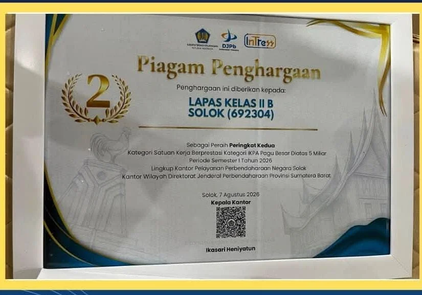 Lapas Solok Torehkan Prestasi Gemilang, Raih Peringkat II IKPA Kategori Pagu Besar Semester I 2026
