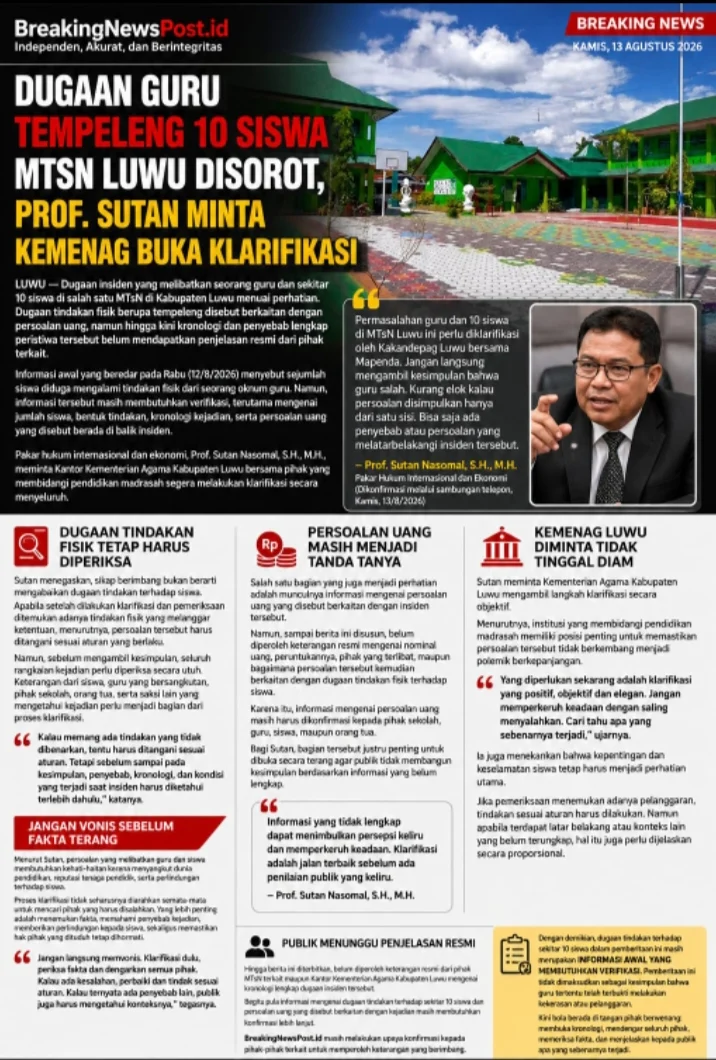 Dugaan Guru Tempeleng 10 Siswa MTsN Luwu Disorot, Prof. Sutan Nasomal Minta Kemenag Buka Kronologi Kasus Guru Tampar 10 Siswa
