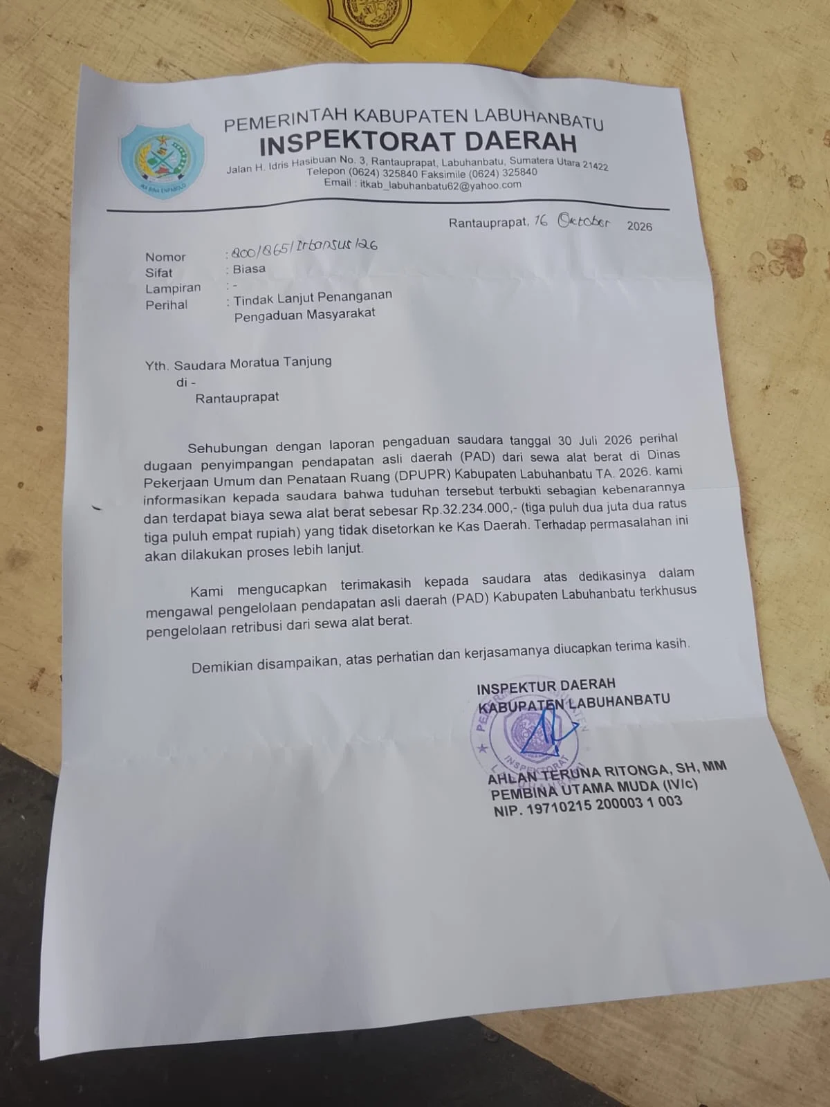 Miris, Penyelewengan Restribusi Sewa 3 Alat Berat Dinas PUPR Labuhanbatu 32 Juta Tampa Dokumen Kontrak.