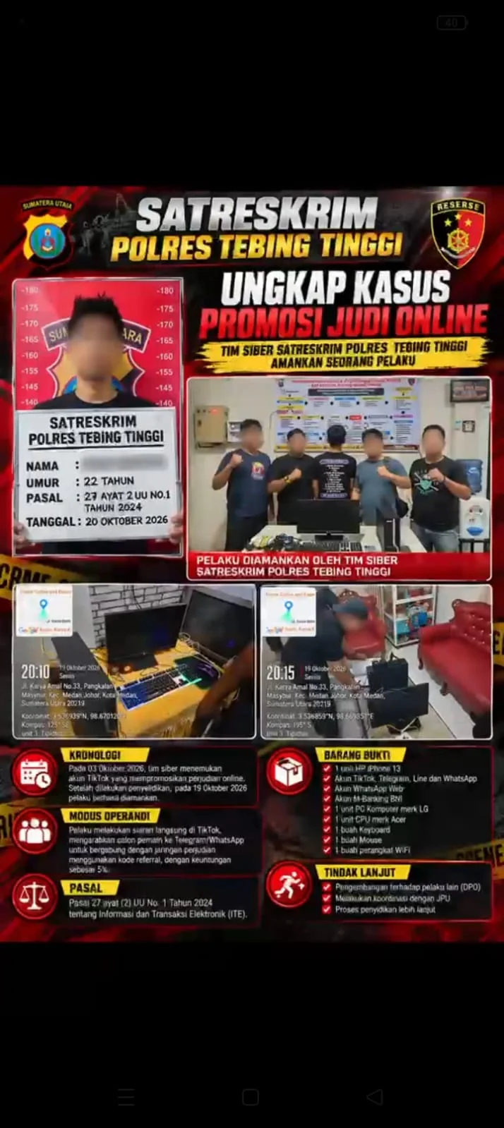 Sat Reskrim Polres Tebing Tinggi berhasil bongkar Jaringan Judi Online Lewat Live TikTok, Pelaku Eks Marketing Judol Kamboja.